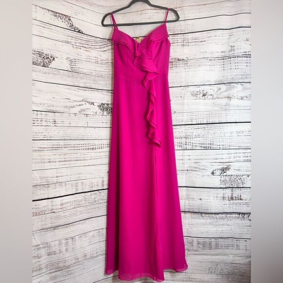JJs House Gown womens size 4 fuchsia Maxi chiffon Ruffle spaghetti strap Dress - Picture 2 of 12